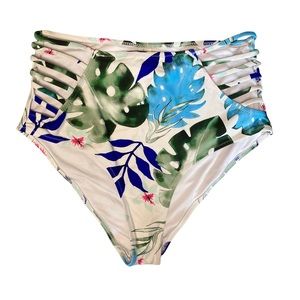 Cupshe Tropical Monsterra Leaf White Blue Green High Waisted Cut Out Swim Bikini